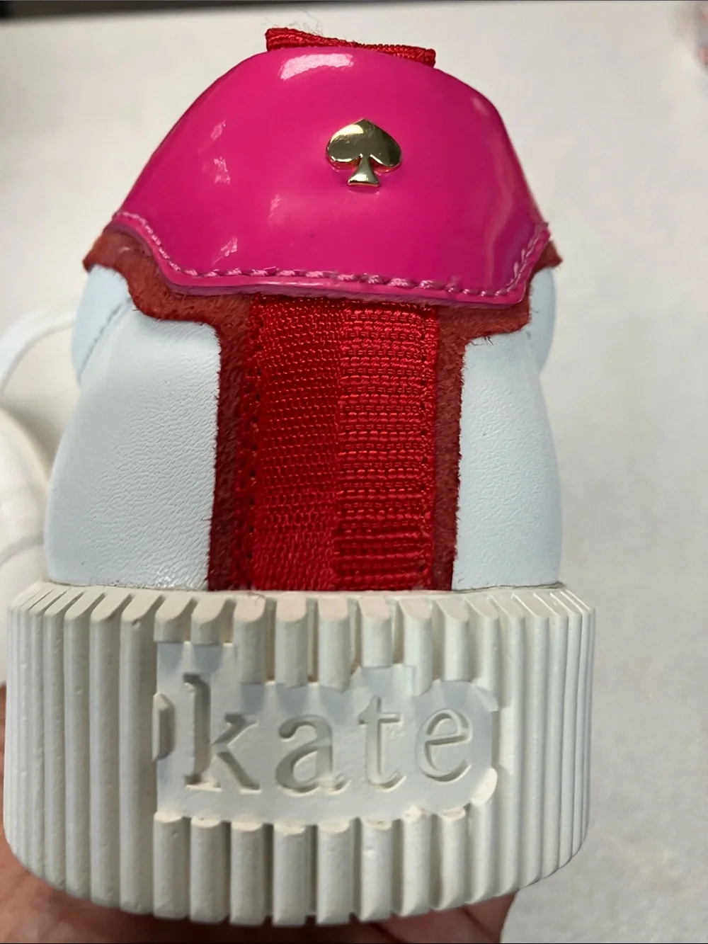 kate spade White Leather Sneakers with Red Side Stripe and Pink Heel Tab